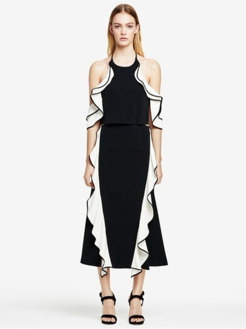 Jonathan Simkhai Black and White Ruffle Cold-Shoulder Midi Dress